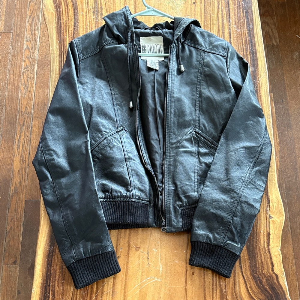 BB Dakota Black Real Leather Jacket zip up with hood